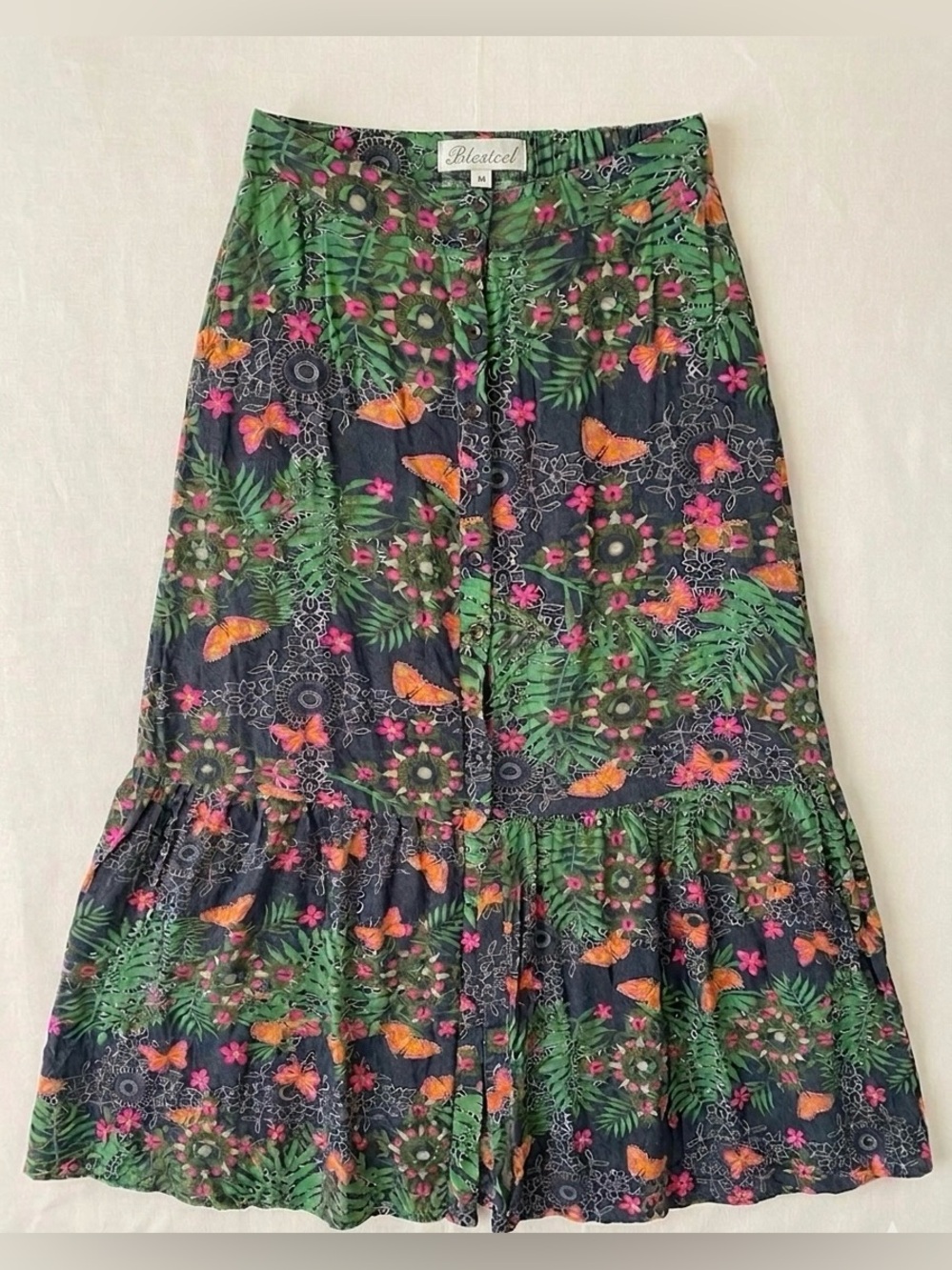 Bluesteel Whimsigoth Dark Floral Butterfly Button Maxi Skirt Black M Y2K